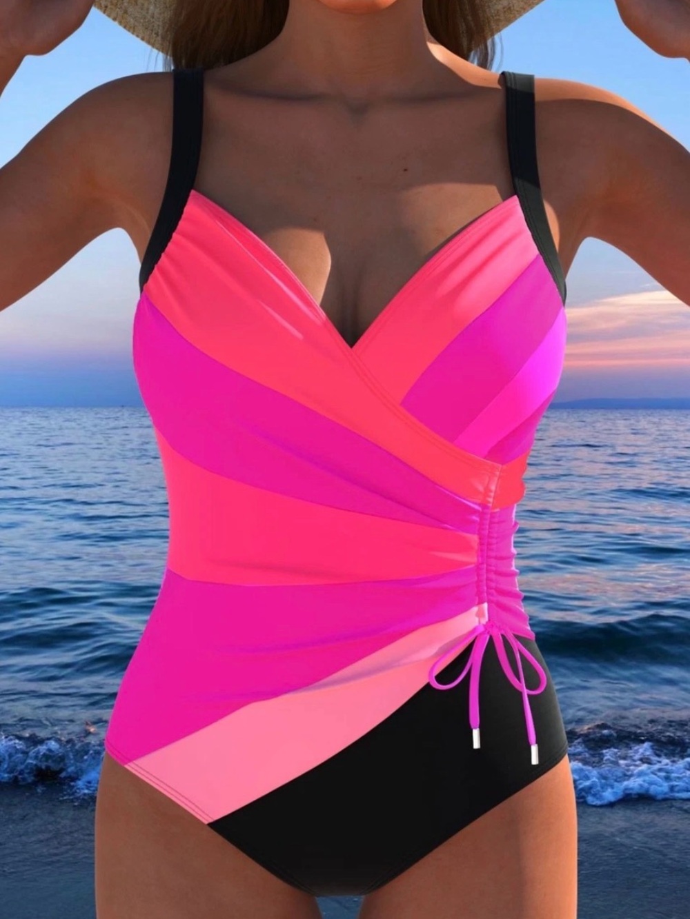 Amazon Pink & Black Colorblock One-Piece Swimsuit with Side Tie
